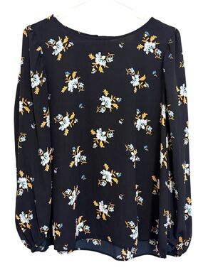 2/$30 LOFT Navy Blue Floral Long Sleeve Blouse Size Medium Puff Sleeve Boho Top